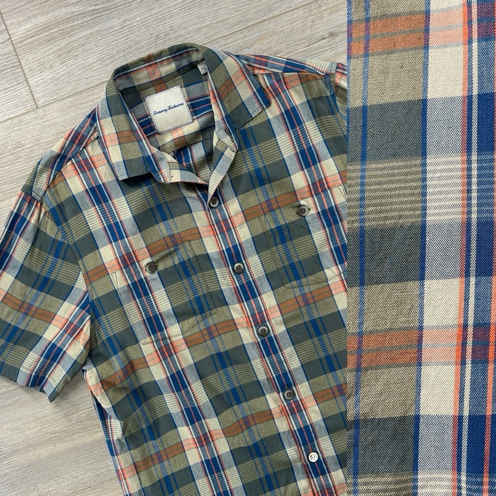 Tommy Bahama Shirt Mens Small Multicolor Plaid Silk Short Sleeve Camp Button Up